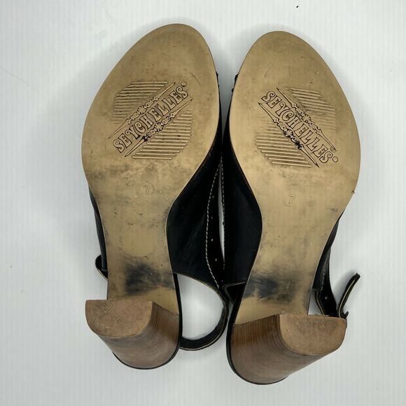 Seychelles Size 7 Singback Open Toe Black Leather Wood Block Heel Studded - Picture 9 of 11
